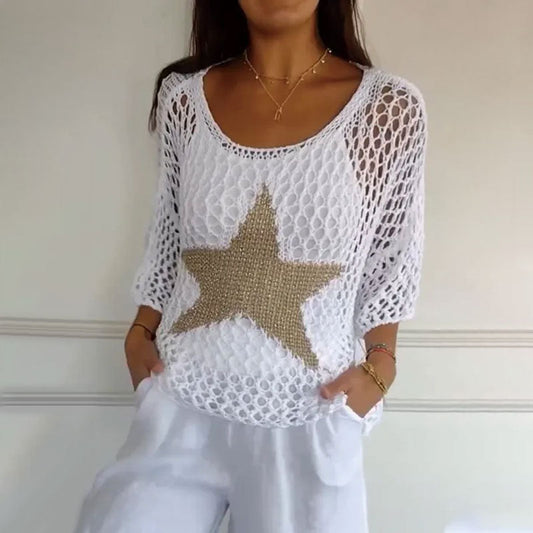 Gestricktes Netzshirt mit Rundhals & Häkelmuster – Noelle