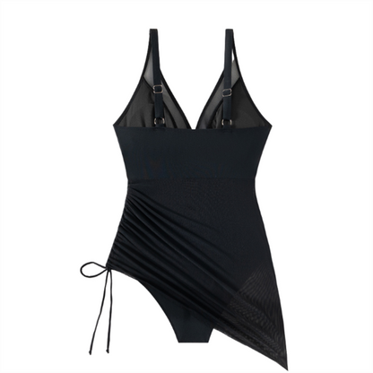 Formendes Badeanzugkleid mit Mesh-Einsatz & Wickeloptik – Melina