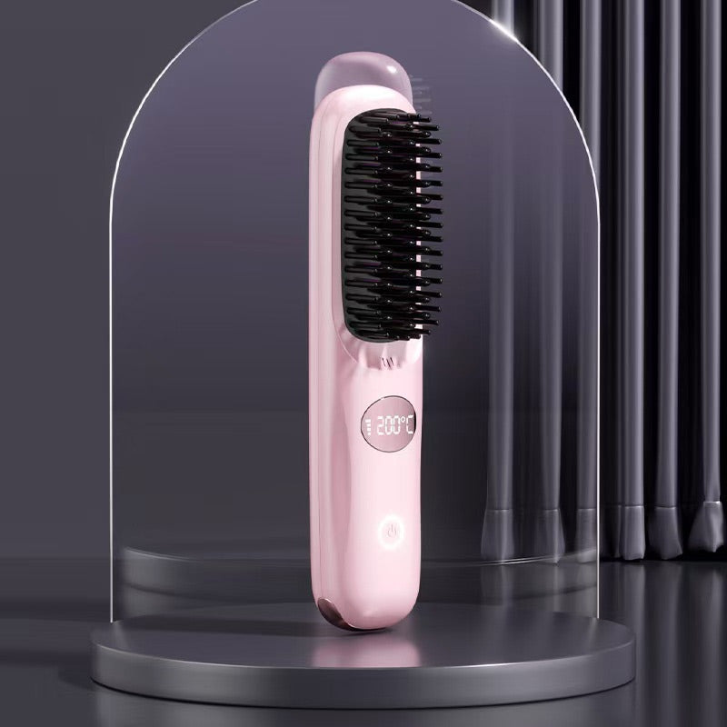 Stylingbürste in rosa mit rundem Display und Touch-Taste, detail