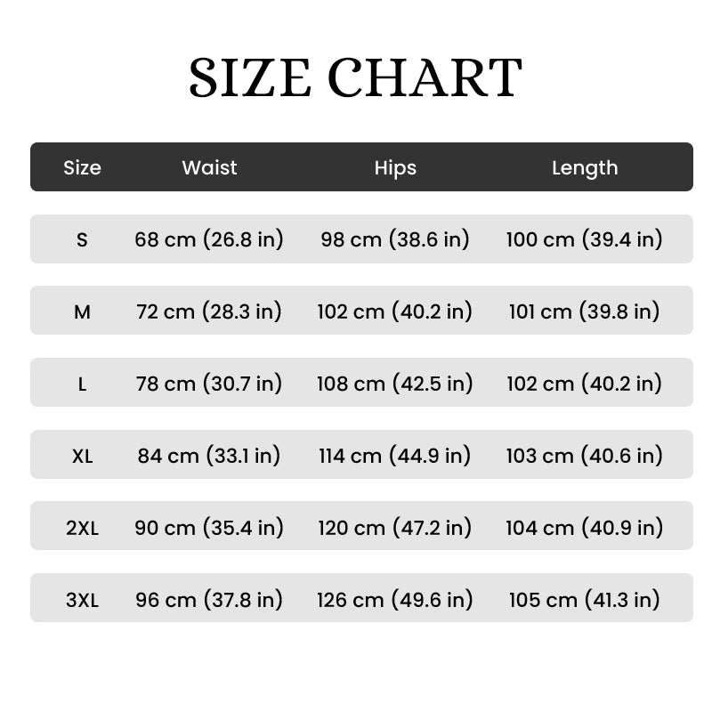 Größentabelle mit Taille, Hüfte und Länge in Zentimetern und Zoll für die Größen S bis 3XL.