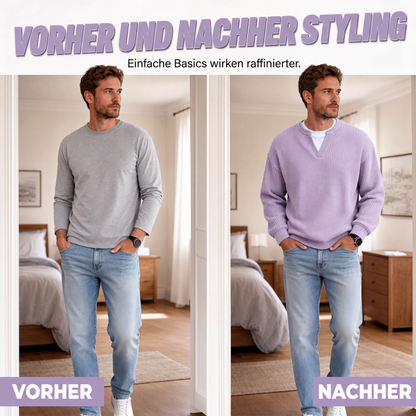 Vorher-nachher-Vergleich: links Mann im grauen langärmligen Shirt, rechts im fliederfarbenen Waffelstrick-Oberteil mit Lagen-Optik, beide mit Jeans. 2