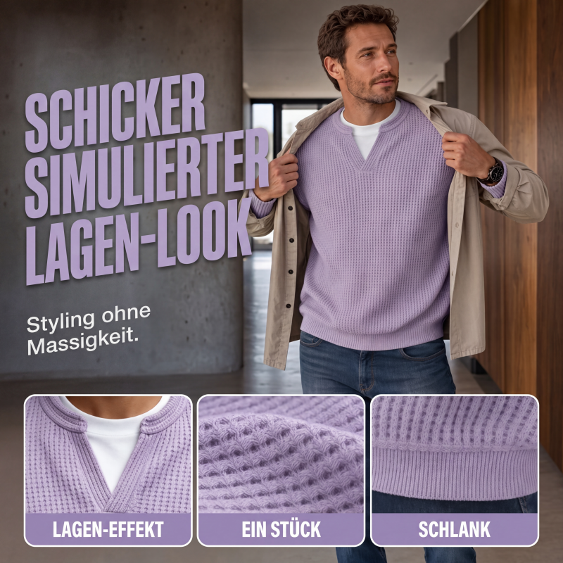 Mann trägt das flieder Waffelstrick-Oberteil unter offener beiger Jacke, darunter drei Detailansichten von Ausschnitt, Strickstruktur und Saum. 4