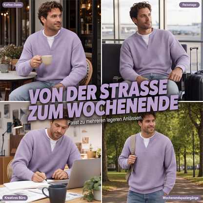Collage aus vier Szenen mit dem fliederfarbenen Waffelstrick-Oberteil: im Café, am Flughafen, am Laptop im Büro und beim Spaziergang im Park. 7