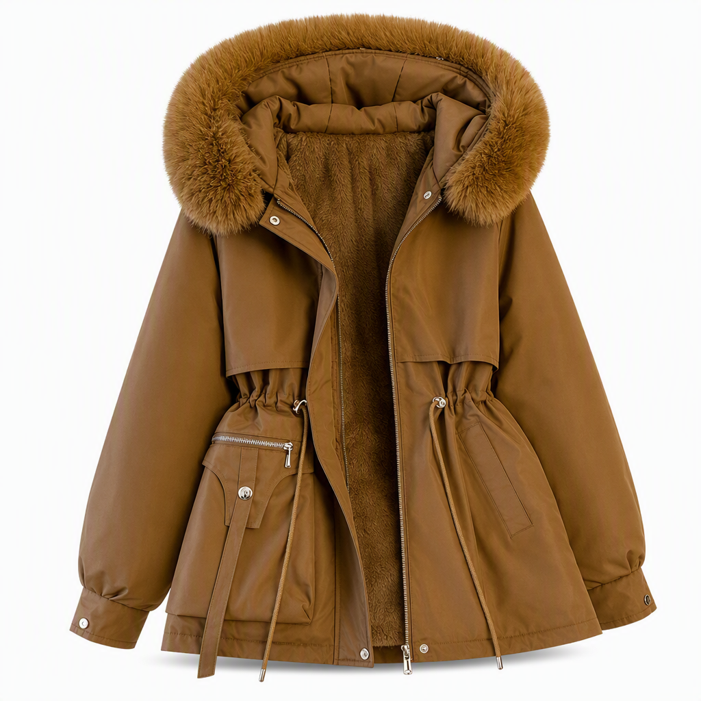Brauner Parka mit Fellkapuze, Taillenzug und Brusttasche, offen mit Fleecefutter, vor weißem Hintergrund 11
