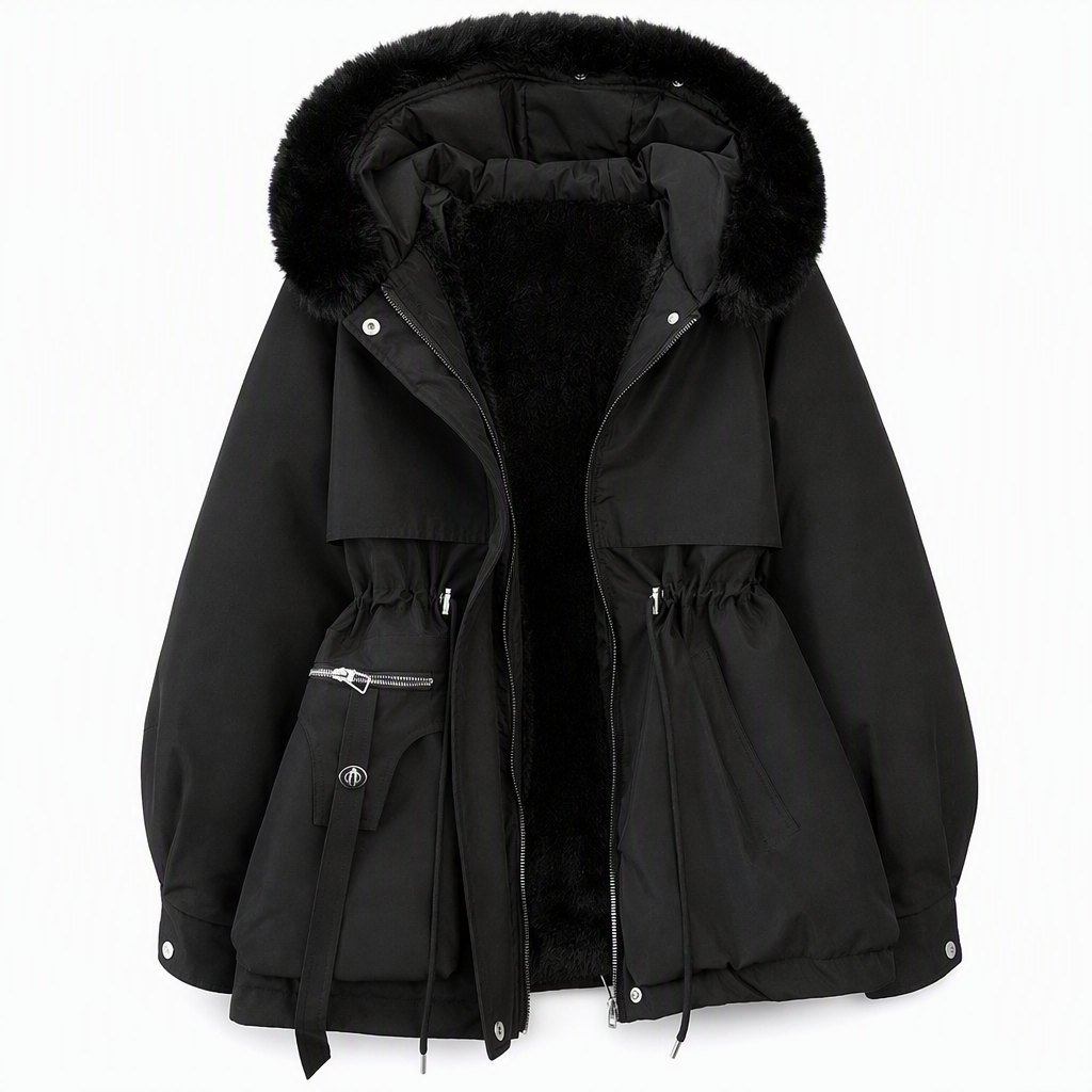 Schwarzer Parka mit dunkler Fellkapuze und schwarzem Fleecefutter, offen fotografiert, freigestellt auf weißem Hintergrund 9