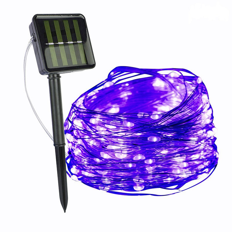 Lila Solar-Lichterkette mit Solarpanel, LED, Außenbeleuchtung, energiesparend, wetterfest.
