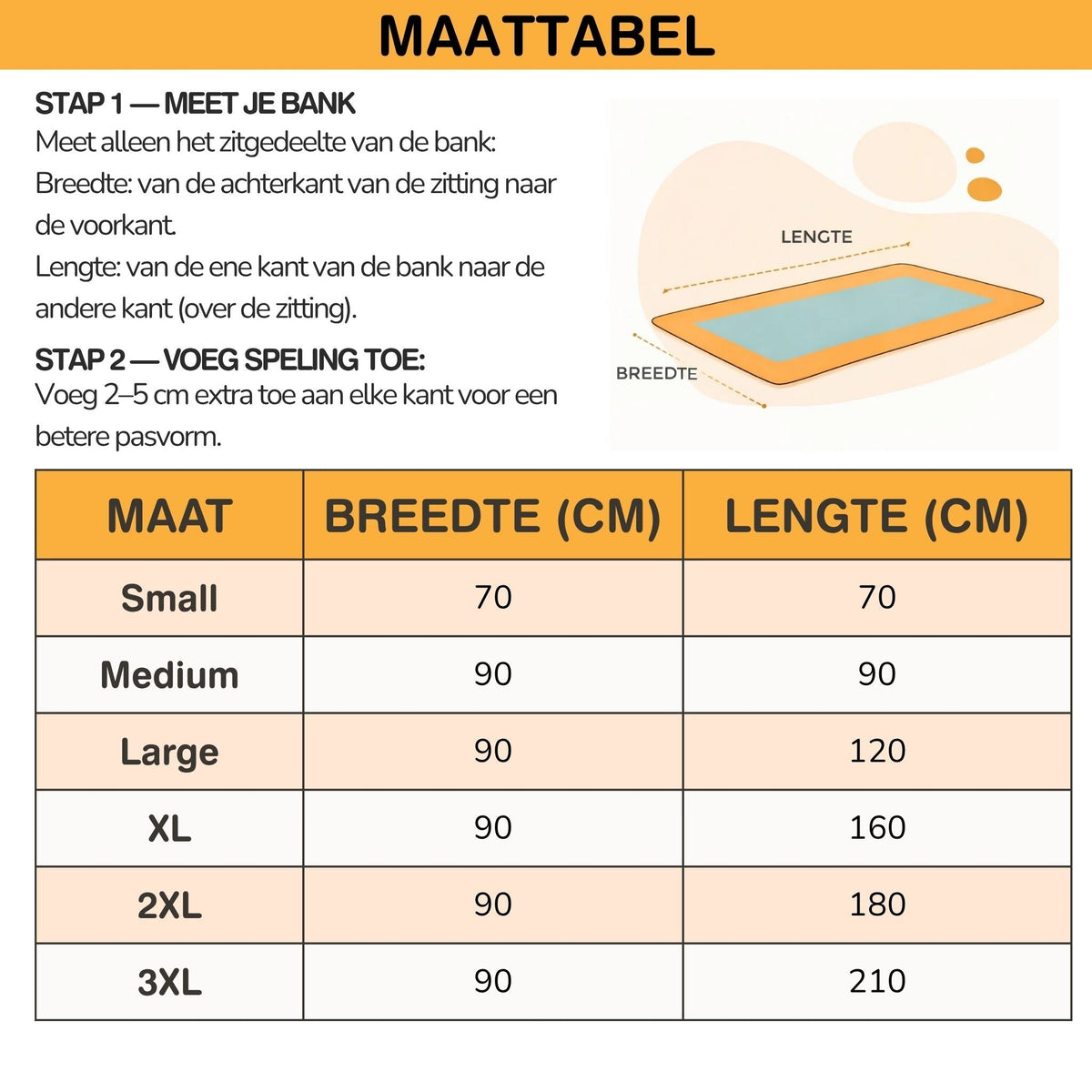 Größentabelle mit Messanleitung und sechs Größen von Small bis 3XL.
