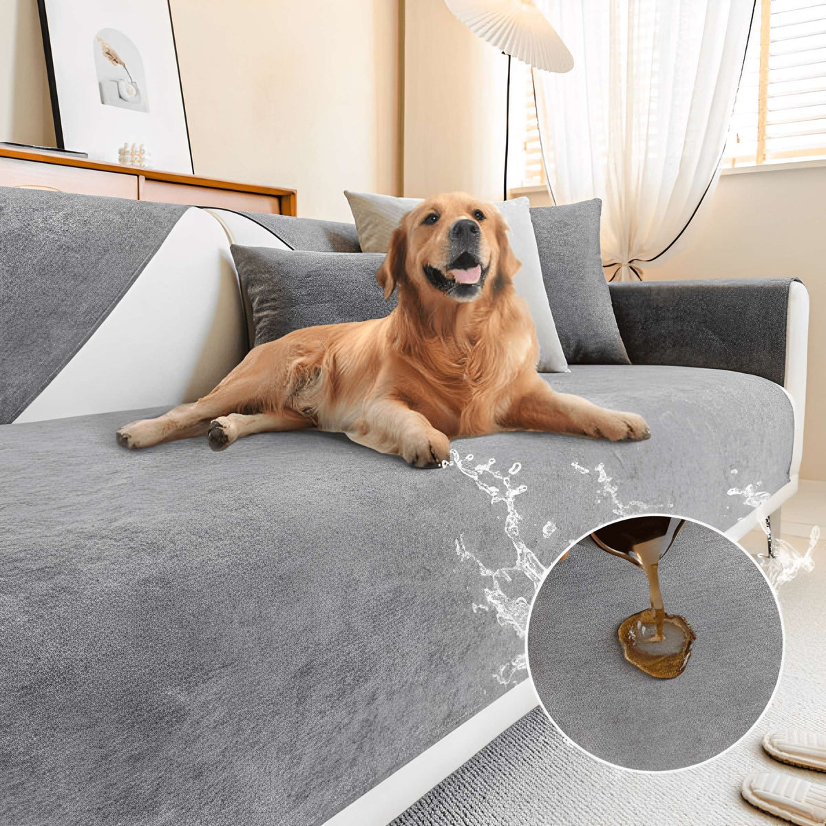 Grauer Sofaschutz mit Golden Retriever, vorne Wasser, das auf dem Bezug abperlt.