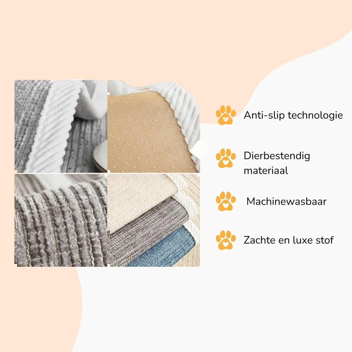 Collage mit Stoffdetails des Sofaschutzes in Creme, Grau und Blau.