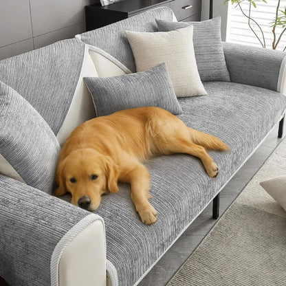Grauer gerippter Sofaschutz mit Golden Retriever und heller Einfassung.