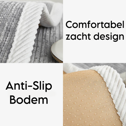 Detail der grauen Chenille-Auflage mit hellem Rand und Noppenunterseite.