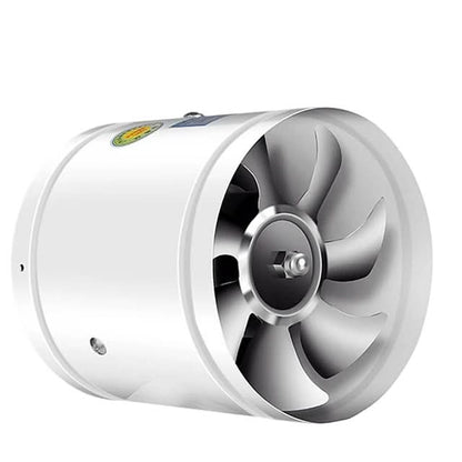 Weißer Rohrventilator in Schrägansicht auf weißem Hintergrund, mit Lüfterrad und Metallnabe 8