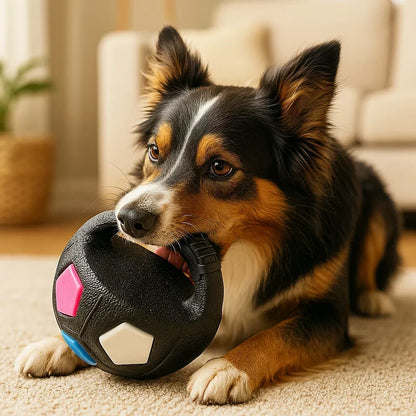 Dreifarbiger Hund kaut auf dem schwarzen Ball mit Griff und bunten Feldern auf einem Teppich.