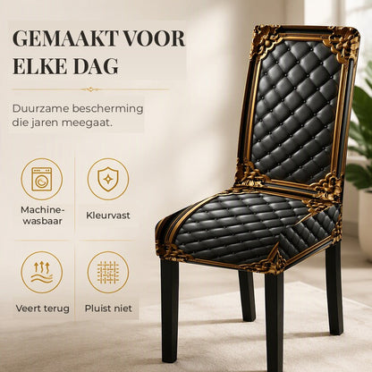 Detail eines schwarzen Stretchbezugs mit goldenen Barockornamenten