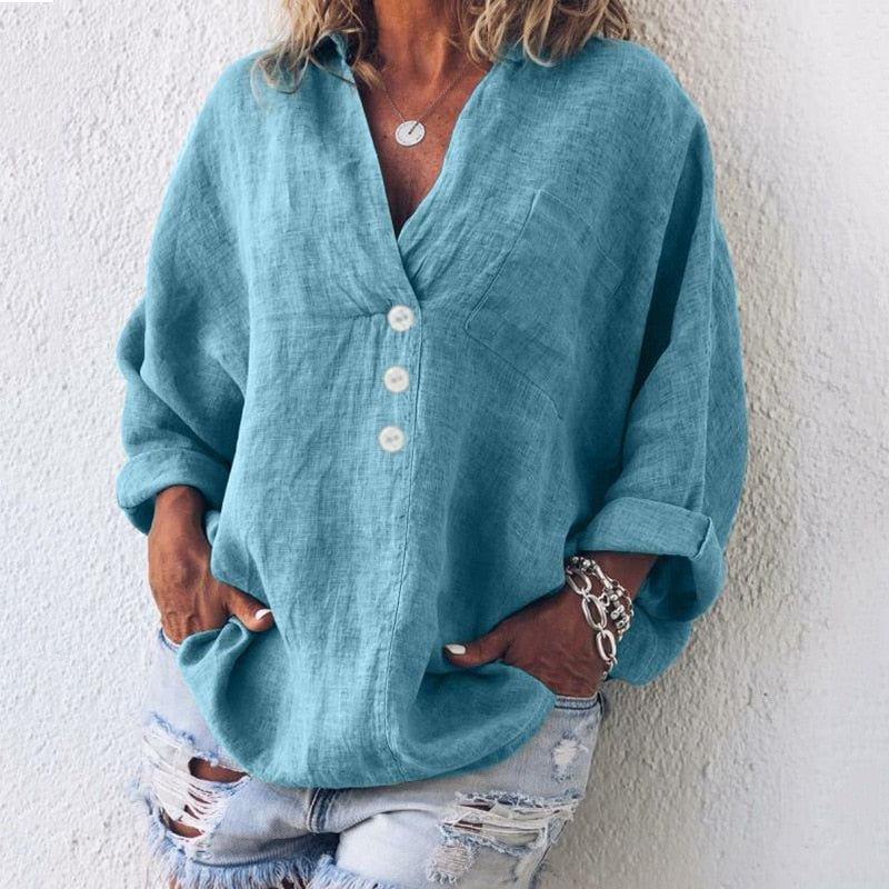Herbstliche Damen Leinenbluse mit Knopfleiste und V-Ausschnitt – Elodie