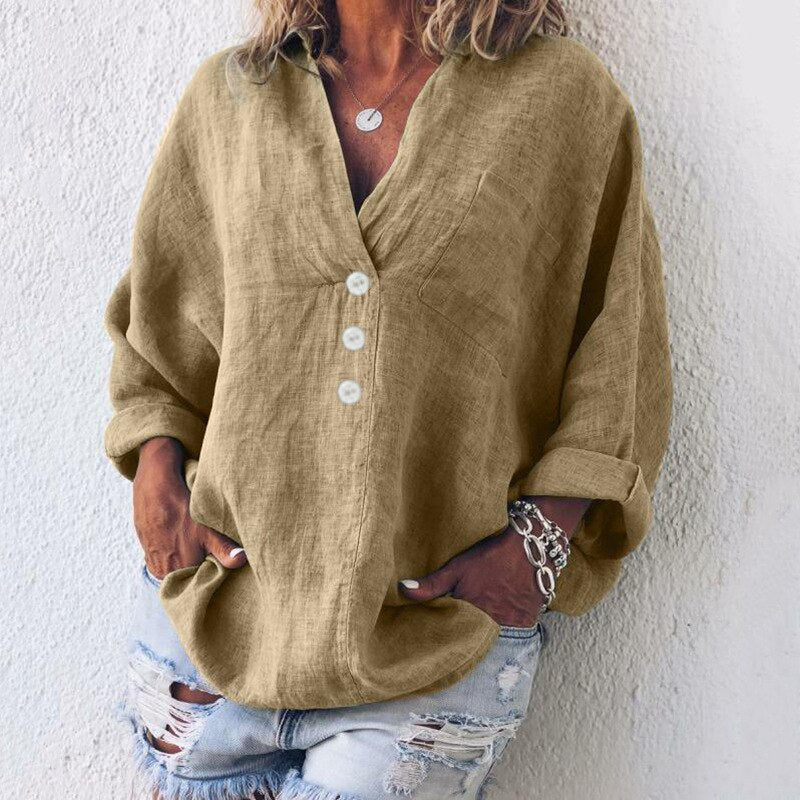 Herbstliche Damen Leinenbluse mit Knopfleiste und V-Ausschnitt – Elodie