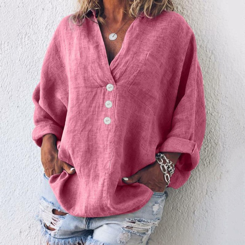 Herbstliche Damen Leinenbluse mit Knopfleiste und V-Ausschnitt – Elodie