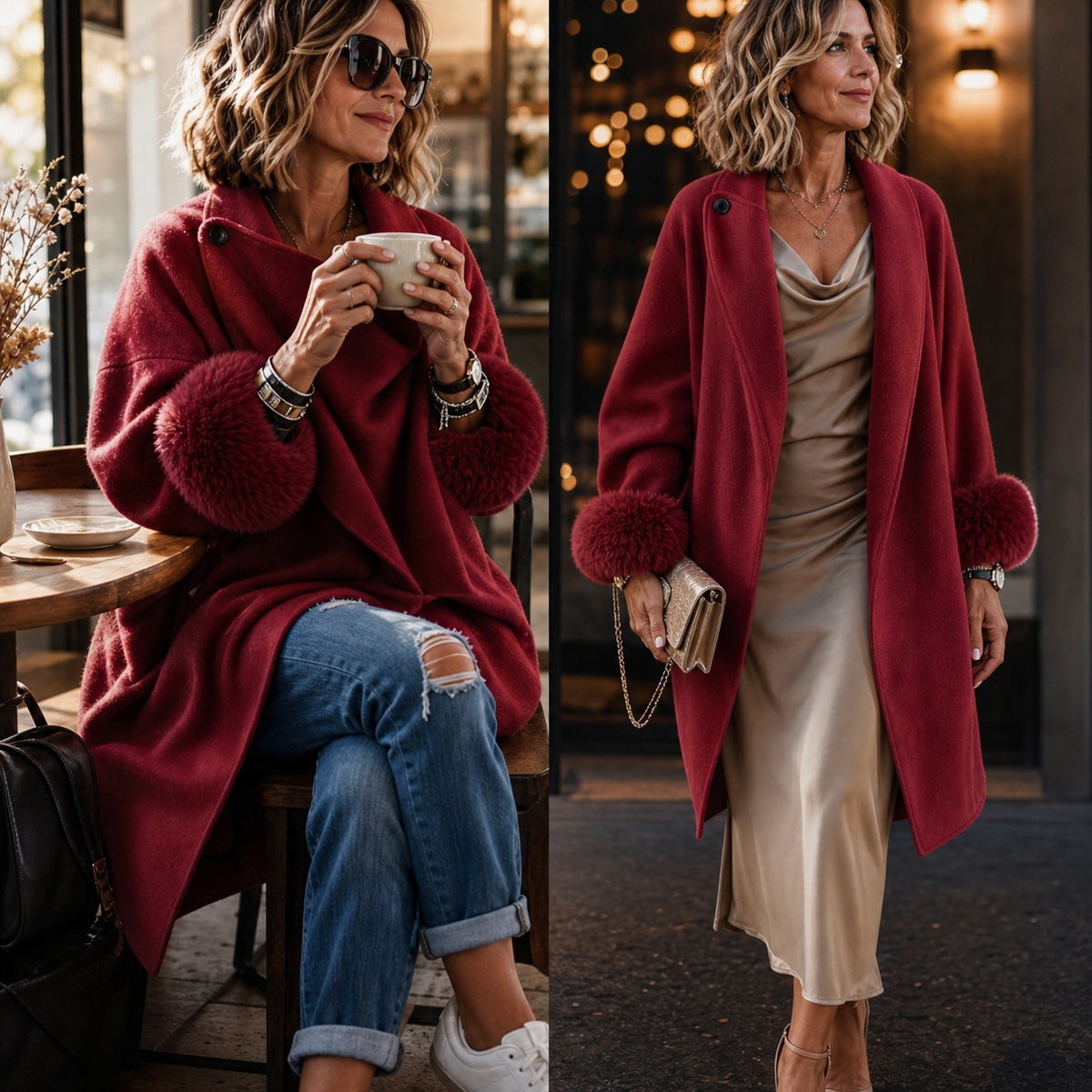 Zwei Outfits mit roter Jacke: links lässig mit Jeans im Café, rechts mit champagnerfarbenem Satinkleid 11
