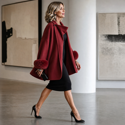 Rote Jacke offen über schwarzem Kleid getragen, Model in schwarzen Pumps beim Gehen in einer Galerie 9