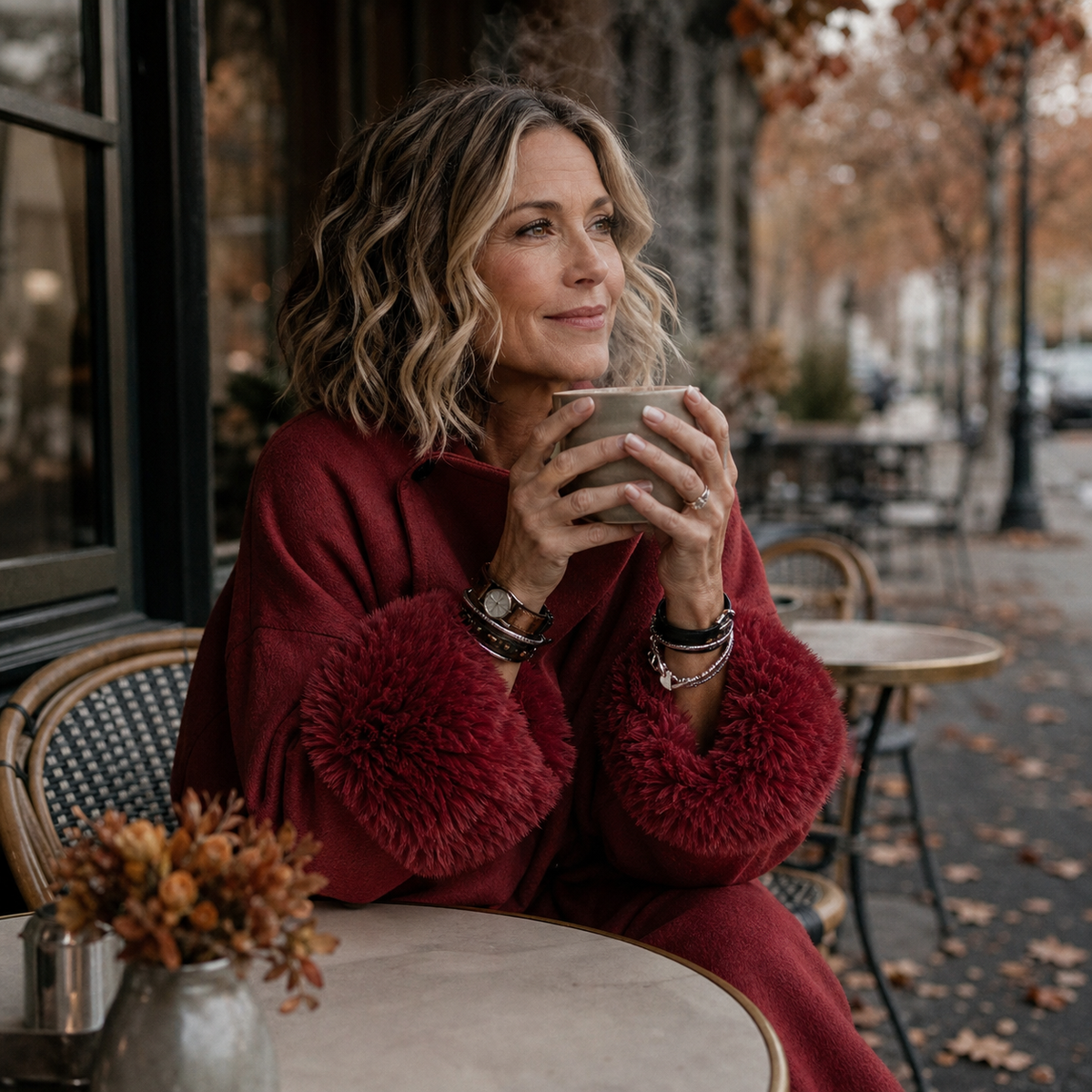 Rote Jacke mit flauschigen Bündchen, Model hält an einem Café-Tisch im Herbst eine Tasse 3