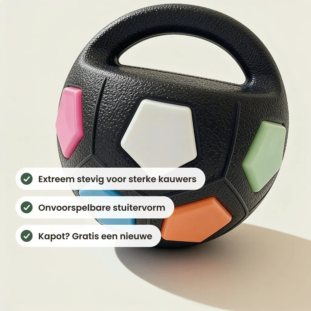 Nahaufnahme des schwarzen Balls mit Griff und rosa, weißen, grünen, blauen und orangen Feldern.