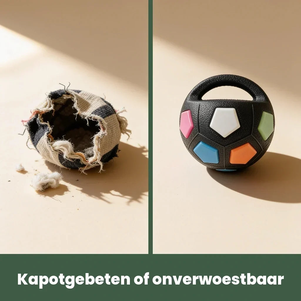 Vergleich: links ein zerfetzter Stoffball, rechts der unversehrte schwarze Ball mit bunten Feldern.