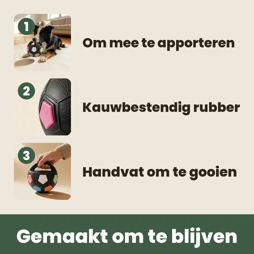 Übersichtsgrafik mit Hund beim Apportieren, Nahaufnahme des kauresistenten Materials und Hand am Griff.