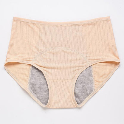 Hautfarbener Slip mit hohem Bund und grauem Saugeinsatz im Schritt, flach von vorne fotografiert. 14