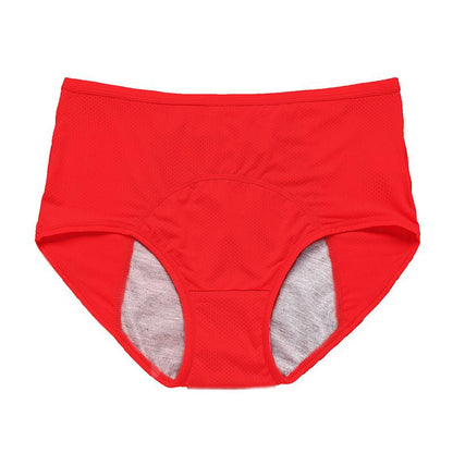 Roter Slip mit hohem Bund und grauem Saugeinsatz im Schritt, flach von vorne fotografiert. 16