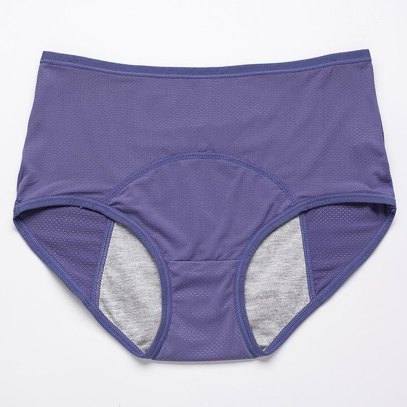Blauvioletter Slip mit hohem Bund und grauem Saugeinsatz im Schritt, flach von vorne fotografiert. 18