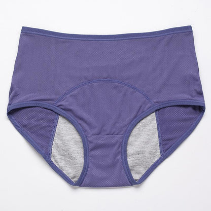 Blauvioletter Slip mit hohem Bund und grauem Saugeinsatz im Schritt, flach von vorne fotografiert. 18