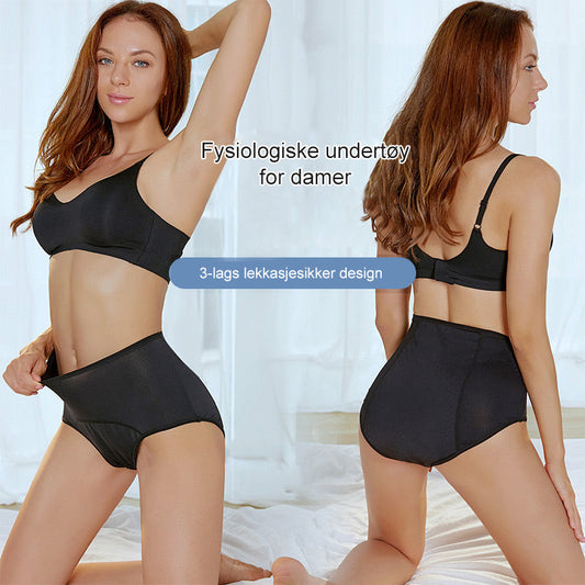 Zwei Ansichten einer Frau in schwarzem Slip und Bustier, vorne mit gedehntem Bund und von hinten. 1