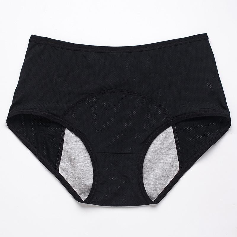 Schwarzer Slip mit hohem Bund und grauem Saugeinsatz im Schritt, flach von vorne fotografiert. 20