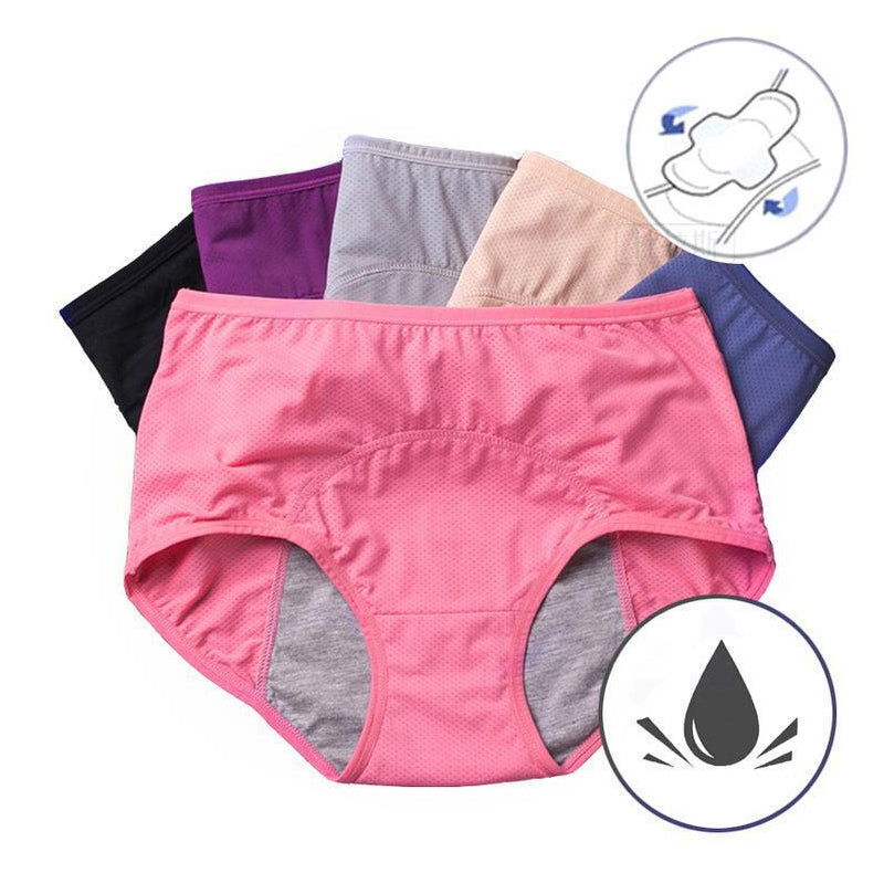Rosa Slip mit grauem Saugeinsatz im Vordergrund, dahinter fächerförmig weitere Slips in verschiedenen Farben, daneben Symbole für Binde und Tropfen. 2