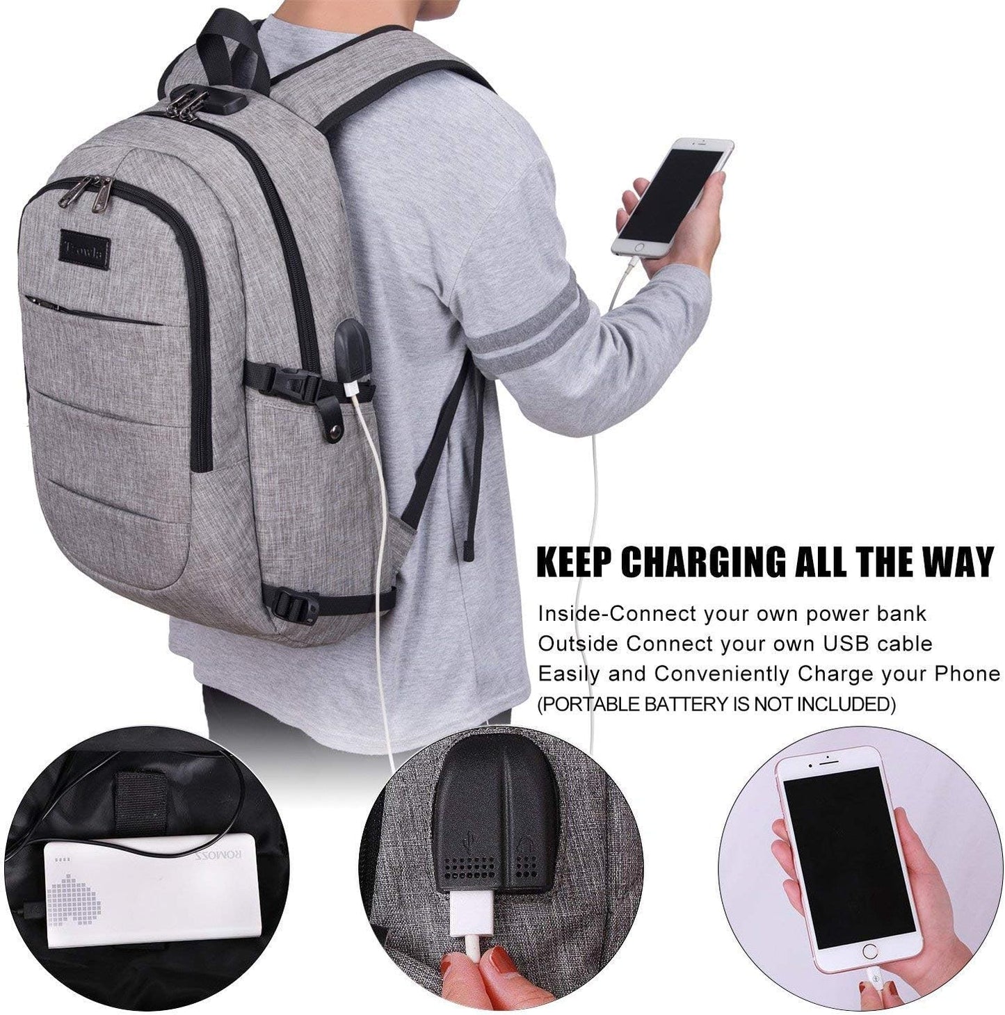 Extra großer Anti-Diebstahl Laptop- und Reiserucksack mit USB-Anschluss – 30–50L