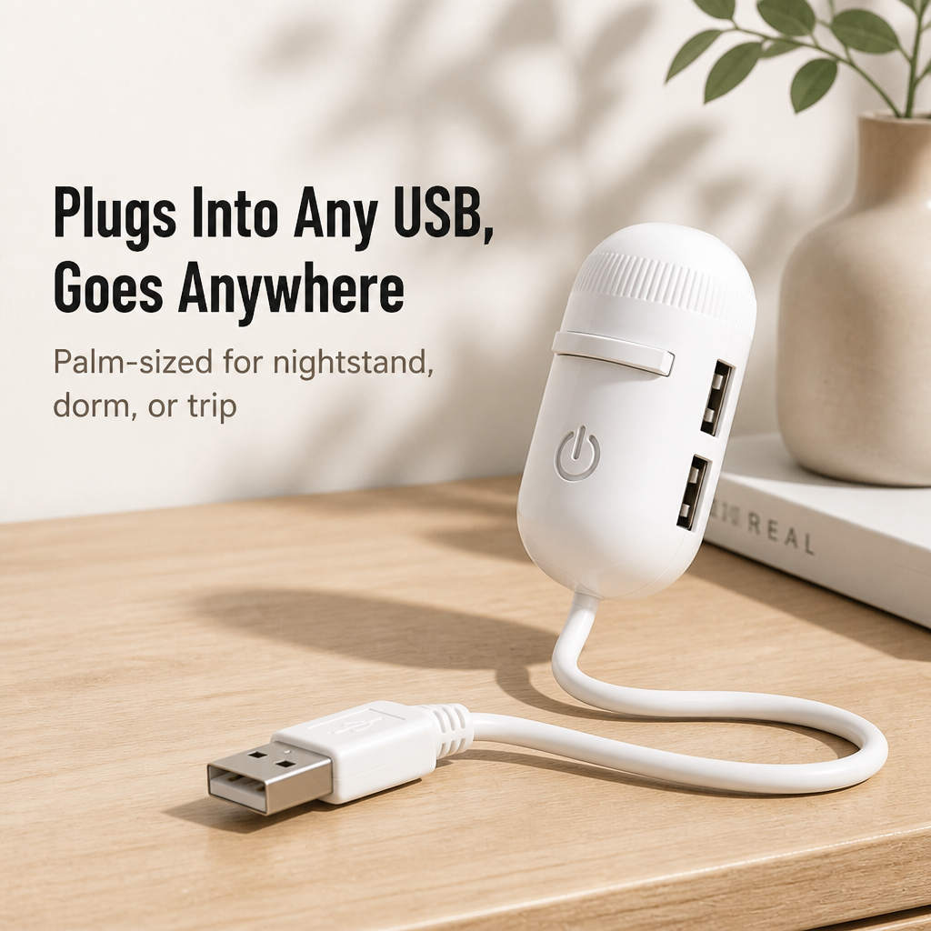 Weißer 2-in-1-Sternprojektor mit zwei seitlichen USB-Ports auf einer hellen Holzablage.