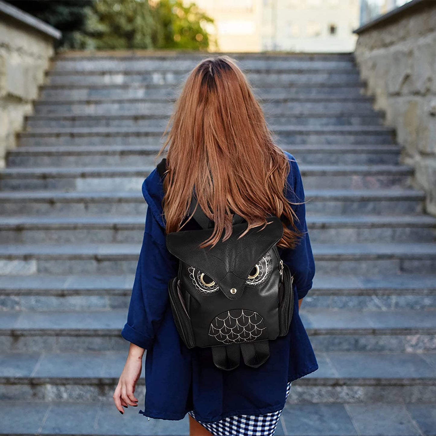 PU-Leder Rucksack mit Eulenprint für Damen – Mehrtaschen-Design