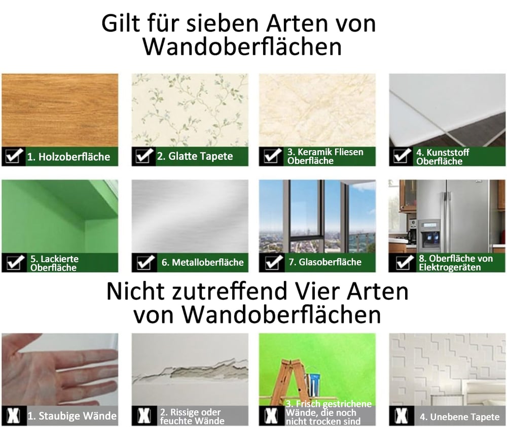 Übersicht, auf welchen Untergründen die Folie haftet, etwa Holz, Tapete, Fliesen, Glas und Metall, und auf welchen nicht, etwa staubige oder rissige Wände. 5