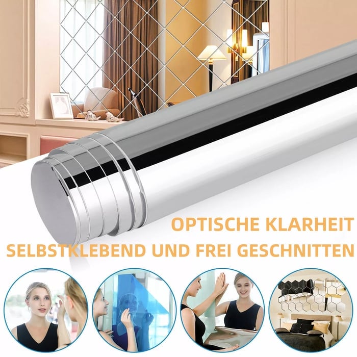Aufgerollte silberne Spiegelfolie vor einem Wohnzimmer, darunter vier Kreise mit Anwendungsbeispielen wie Spiegelblick, Wandverkleidung und sechseckigen Spiegel 1