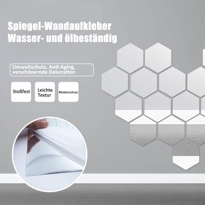 Sechseckige Spiegelfolien-Aufkleber an einer grauen Wand mit Detailkreis, der das Abziehen der Schutzschicht zeigt, dazu Eigenschaften als Symbole. 4