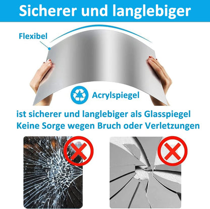 Zwei Hände biegen eine flexible Acrylspiegel-Folie, darunter Vergleichsbilder mit zersplittertem Glas und gebrochenen Spiegelscherben als abschreckendes Beispie 7