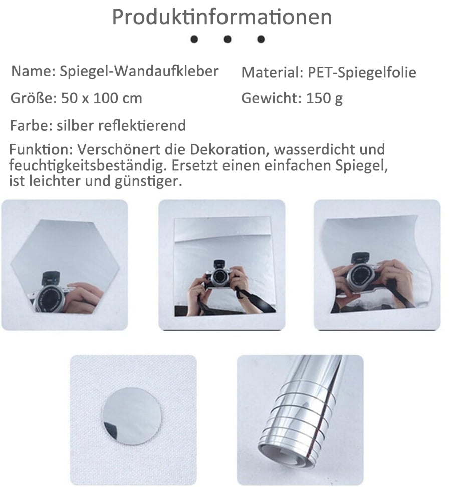 Produktinformationen mit Foto-Beispielen: Spiegelfolie in Sechseck-, Quadrat-, Wellen- und Kreisform, in denen sich eine Kamera spiegelt, sowie die aufgerollte 8