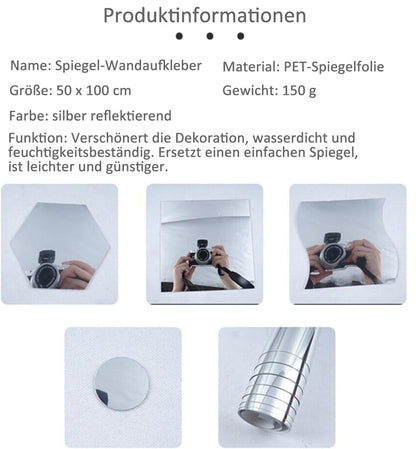 Produktinformationen mit Foto-Beispielen: Spiegelfolie in Sechseck-, Quadrat-, Wellen- und Kreisform, in denen sich eine Kamera spiegelt, sowie die aufgerollte 8