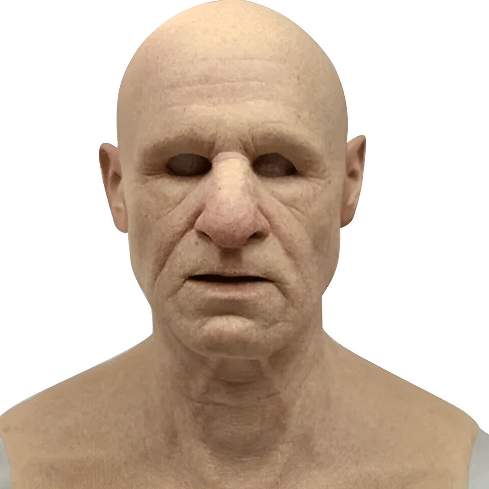 Realistische Gesichtsmaske eines älteren Mannes in Beige, Braun, Grau und Weiß, Frontansicht.