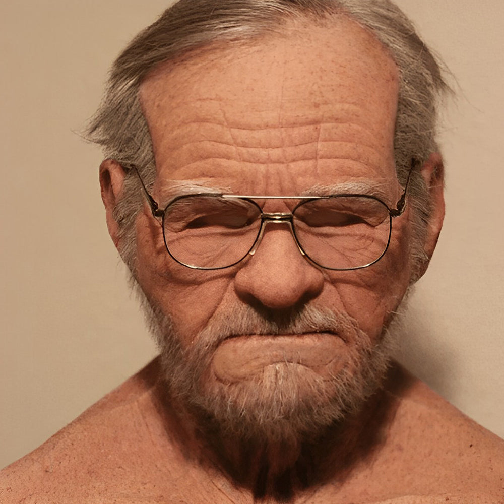 Realistische Gesichtsmaske eines älteren Mannes in Beige, Braun, Grau und Weiß, Nahaufnahme.