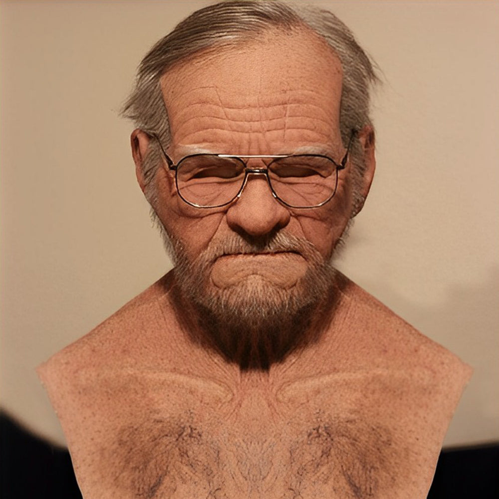 Realistische Gesichtsmaske eines älteren Mannes in Beige, Braun, Grau und Weiß, Frontansicht.
