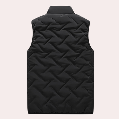 Schwarze Steppweste, ärmellos, warm, modisch, für Herren, Winterbekleidung, Rückansicht.