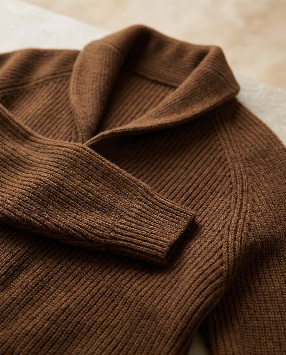 Nahaufnahme der braunen Strickjacke mit Schalkragen, Raglannaht und Rippbündchen, die die Strickstruktur zeigt. 13