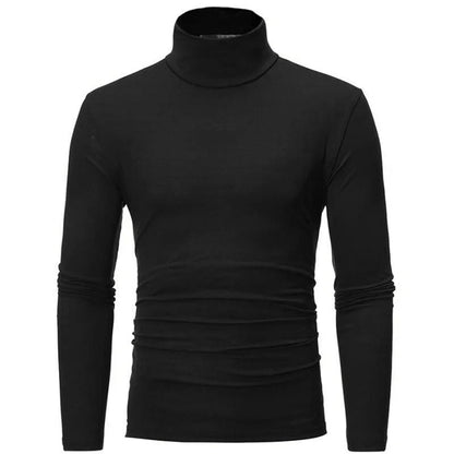 Schwarzes langärmeliges Shirt mit hohem Kragen, Vorderansicht auf weißem Hintergrund 1