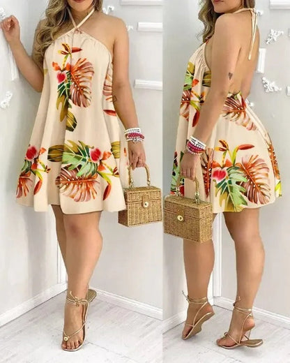Rückenfreies Sommerkleid mit tropischem Print und Halterneck - InselTraum